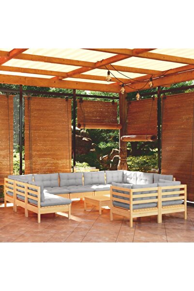 vidaxl Set mobilier de gradina cu perne, 12 piese, gri, lemn masiv pin