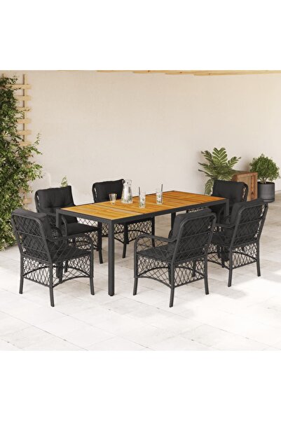 vidaxl Set mobilier de gradina cu perne, 7 piese, negru, poliratan