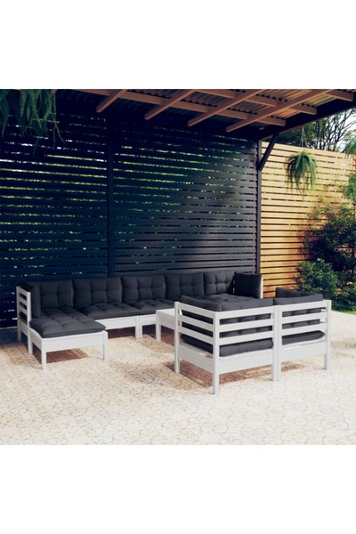 vidaxl Set mobilier gradina cu perne, 10 piese, alb, lemn masiv pin