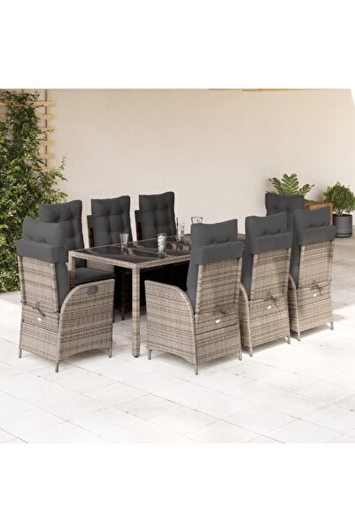 vidaxl Set mobilier gradina cu perne, 9 piese, gri, poliratan