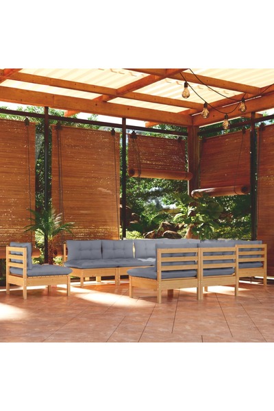 vidaxl Set mobilier gradina cu perne, 10 piese, gri, lemn masiv pin