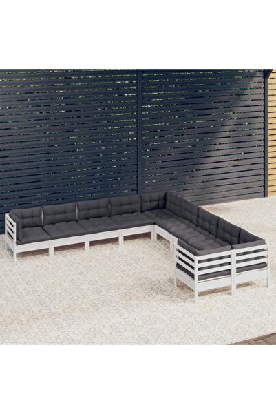 vidaxl Set mobilier gradina cu perne, 10 piese, alb, lemn de pin