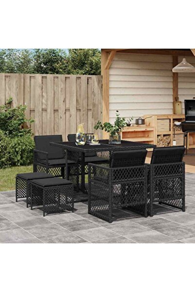 vidaxl Set mobilier de gradina cu perne, 9 piese, negru, poliratan