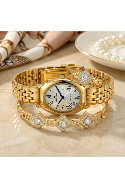 XELEHX Women's Gold 3 Piece Gift Set Classic Iced Out Watch Bracelet and Ring...