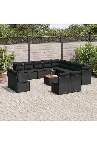 vidaxl Set mobilier de gradina cu perne, 14 piese, negru, poliratan