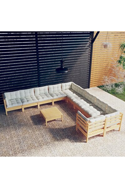vidaxl Set mobilier gradina cu perne crem, 11 piese, lemn de pin