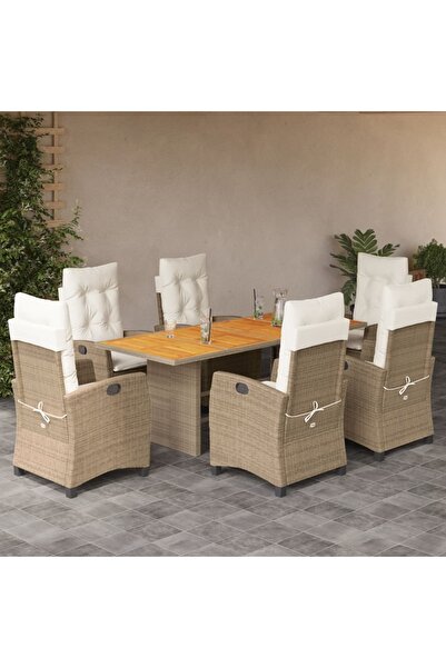vidaxl Set de masa pentru gradina, 7 piese, cu perne, bej, poliratan