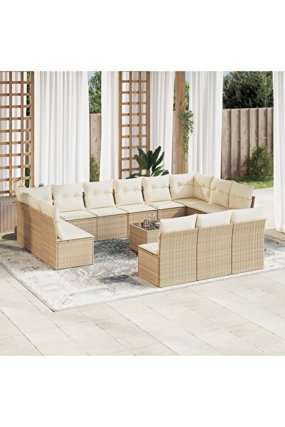 vidaxl Set canapele de gradina, 14 piese, cu perne, bej, poliratan