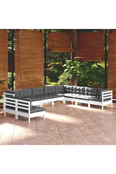 vidaxl Set mobilier gradina cu perne, 10 piese, alb, lemn masiv pin