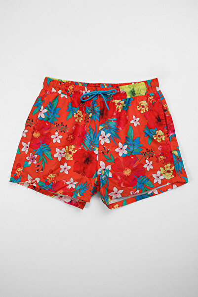 MARKAPIA Men's Floral Patterned Mesh Orange Swim Shorts with Pockets