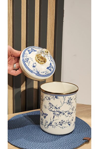 zaTen Pazar Emaye 12cm Medium Size Jar Blue Flower