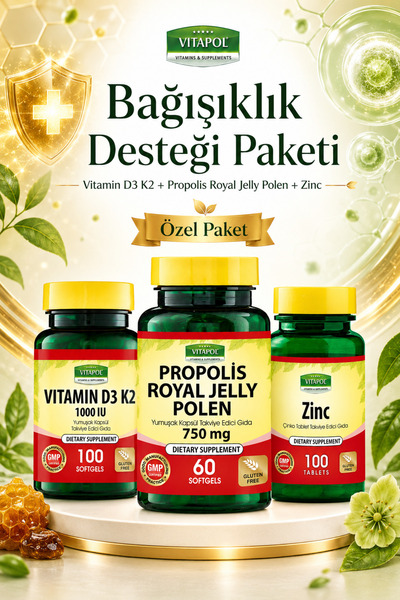 Vitapol بروبوليس، D3K2، حزمة دعم المناعة بالزنك، عبوة من 3 قطع