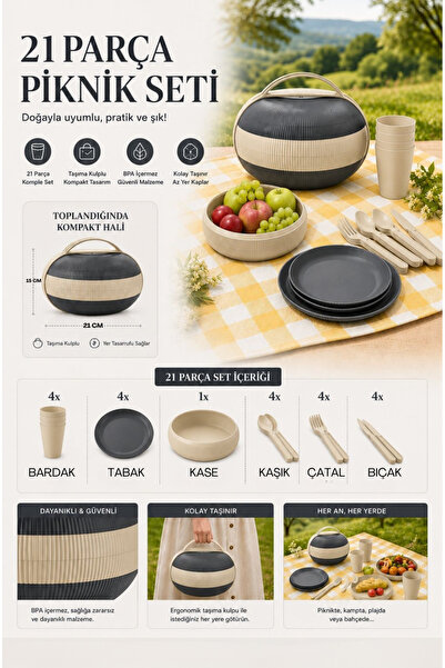 Store HGY Home 21 Parça 4 Kişilik Pratik Ufo Piknik Seti - Antrasit