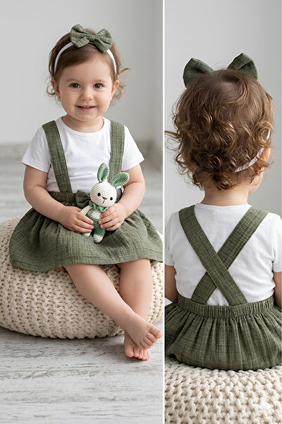 FURYATEX Baby Girl 100% Cotton Muslin Salopet Dress with Bandana 2-Piece Set
