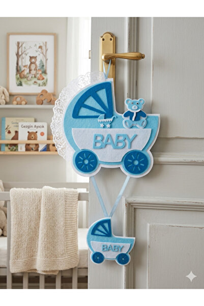 Deniz Party Store Mavi Tüllü Baby Puset Şeklinde Keçe Kapı Süsü