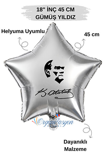Organizasyon Pazarı 18 Inch Silver Star Foil Balloon |   Ataturk Printed |   ...