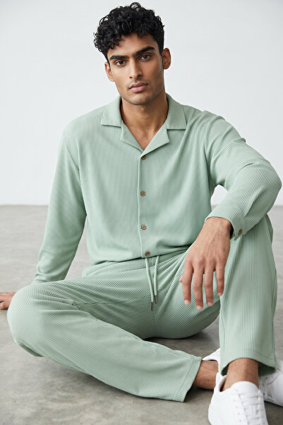 modasende Men's beige ottoman ribbed shirt and pants set - top and bottom outfit