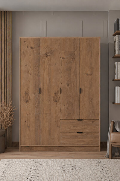 SARMOBİ Arden 4 Kapaklı 2 Çekmeceli Gardırop/Dolap 128x182x44 cm Atlas Çam – ...