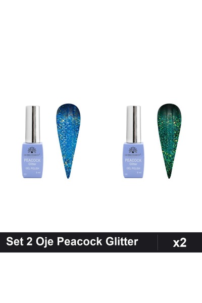 Makeup Set 2 Oje Semipermanente Peacock Glitter 8ml, Nuante 03 08, Manichiură...