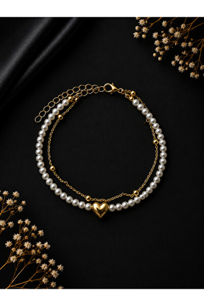 HALHALMILL Gold Heart Design Pearl Double Anklet