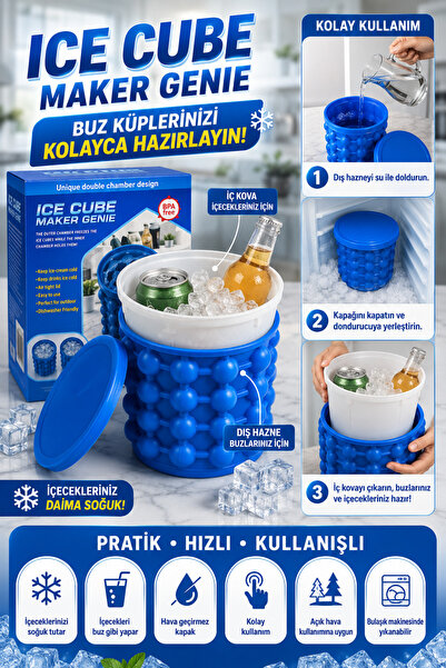 indirimsevinci Çift Hazneli Buz Kovası İçecek Soğutucu Ice Cube Maker Genie K...