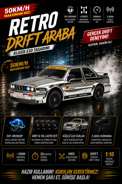 oyuncakgidiyor 1/16 4WD 50 KM Hızlı E30 RC Drift Uzaktan Kumandalı Yedek Last...