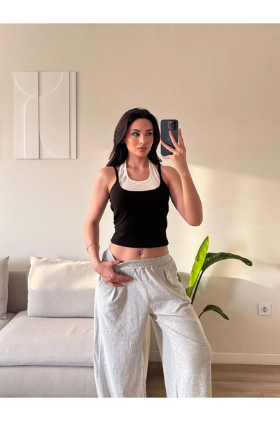 Zoom Butik Boyun Geçmeli Parçalı Crop - SİYAH