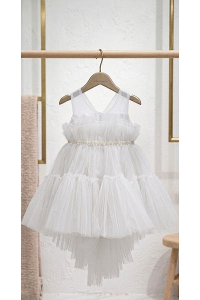 DERMO Girl's Pearl Belted Layered Tulle Long Back Princess White Dress