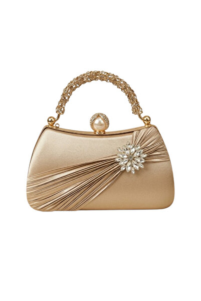 Famels Satin, Pearl, Stone, Rose Evening Dress Bag with Handle, Pearl Stone E...
