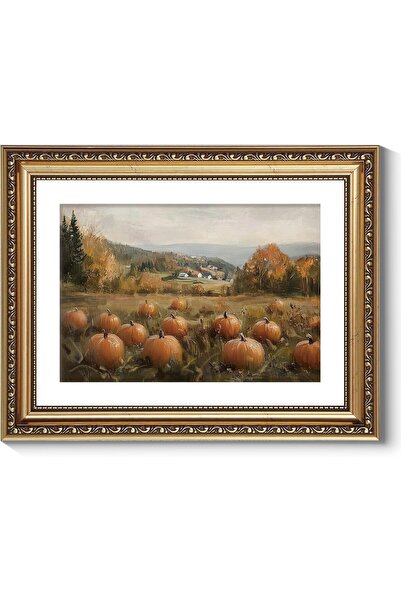 ALAYRA International Premium Pumpkin Field Autumn Canvas Wall Art Gold Frame ...