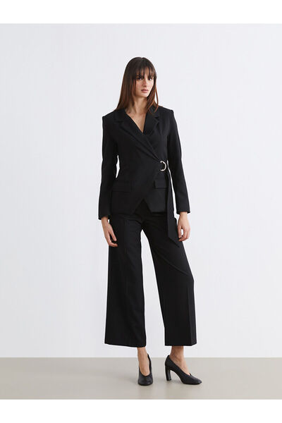 LC Waikiki Black High Waist Wide Leg Women's Pleated Fabric Trousers