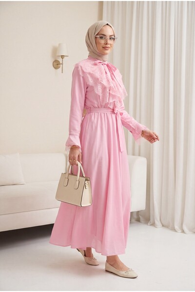Modamorfo Waist Belted Elasticized Half Buttoned Tie Neck Ruffle Lined Cupra ...