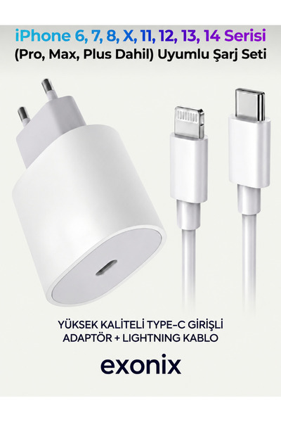 Exonix iPhone Hızlı Şarj Aleti Adaptör + Lightning Kablo 6 7 8 X 11 12 13 14 ...
