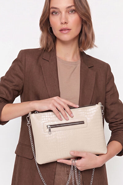 Luvenis Cream Color Crocodile Pattern Chain Strap Shoulder Bag