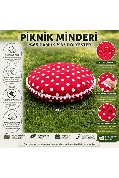 Zeren Home Sıvı Geçirmez Puantiyeli Piknik Masa Sandalye Minderi Bahçe Kamp P...
