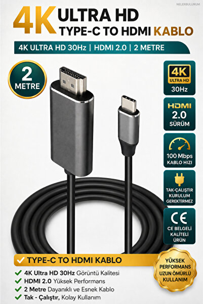 nelerbulurum 2 METRE 4K Ultra HD Type-C -> HDMI 4K@30Hz 2K / 1080P yüksek çöz...