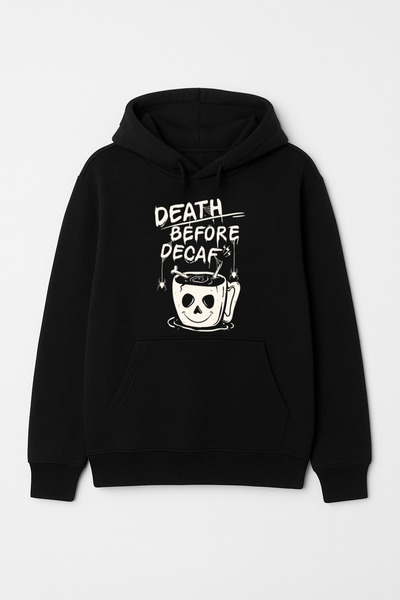 CALKARCOLLECTION سويت شيرت بقلنسوة للجنسين من Death Before Decaf (هودي)