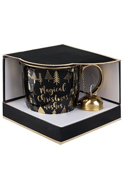 Zumzeria Merry Christmas Black New Bone Mug with Golden Handle & Infuser 600ml