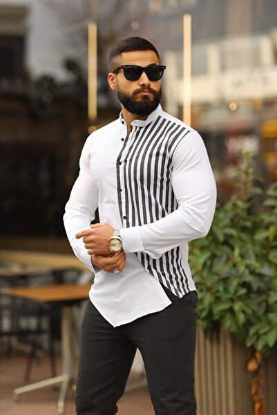 BAYIM Erkek Slim-Fit Hakim Yaka Asimetrik Çizgili Lüks Gömlek
