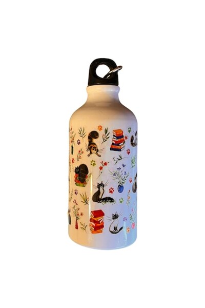 OEM Λευκό μεταλλικό αθλητικό μπουκάλι 500ml, σχέδιο γάτας, καπάκι με καραμπίνερ