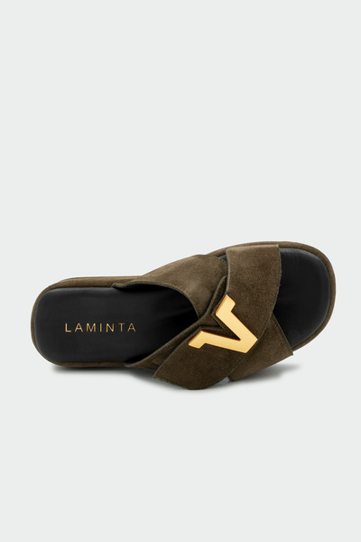 LAMİNTA Porto Gold Accessory Detailed Women's Khaki Genuine Leather Slippers