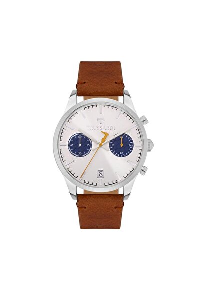 Trussardi Ceas T-Genus, carcasa inox argintiu, 40mm, curea piele maro, cronog...