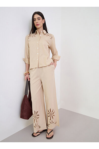 Styli Beige Schiffli Detail Wide Leg Pants