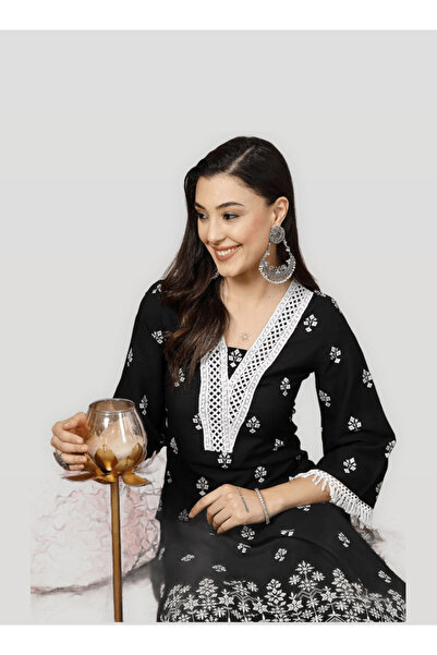 DESIQLO By Styli Black Ethnic Printed Rayon Straight Kurta with Palazzo and D...