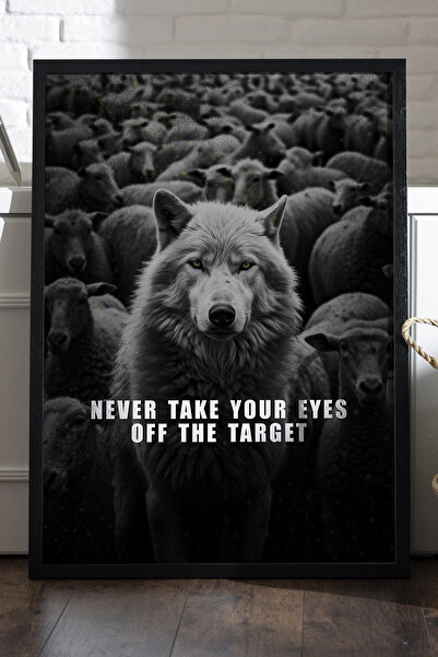 Duvarda Kurt Motivasyon Siyah Ahşap Çerçeveli Poster, Dekoratif Hediyelik Duv...