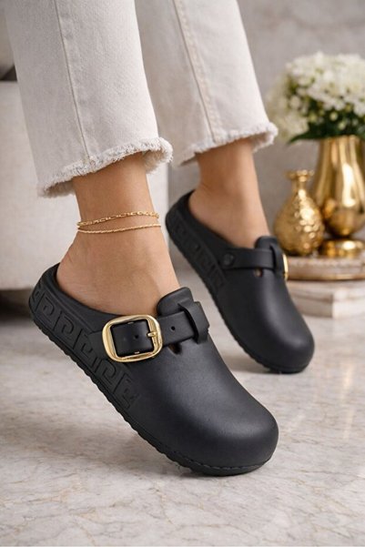 Lovita Comfortable, Aesthetic, Anatomical Meandros Slippers with Arched Gold Buckle and Closed Front.