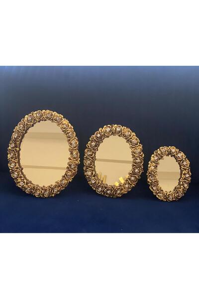 Store Dekoratif Polyester Üçlü Otantik Çiçek Desenli Ayna Takımı Bronz Altın