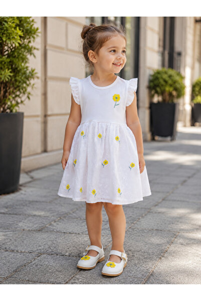 Uğur bebe Breeze brand girls' ecru floral embroidered dress - 90% cotton line...
