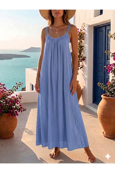 AYASOFYA OTANTIK Women's Italian Indigo Blue Strap Long Lined 100% Viscose Dress
