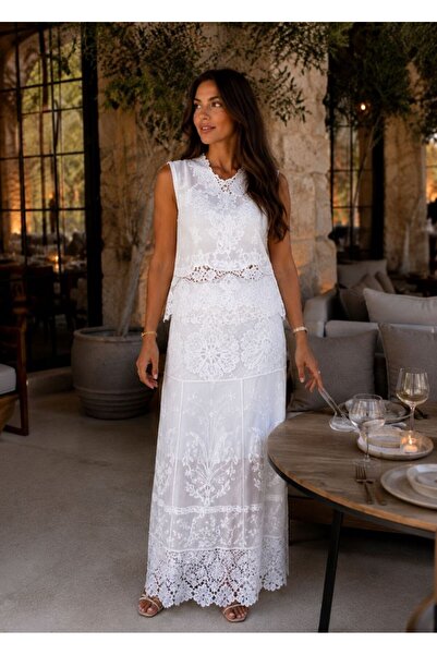 LOKADI White Scallop Embroidered Lace Detailed Bohemian Two-Piece Set - Crop ...